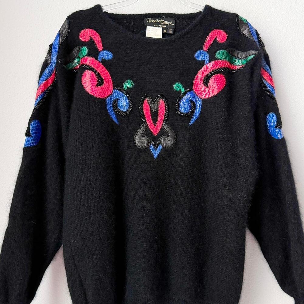 Vintage 80s Christine Phillipe Angora Wool Sweater Snakeskin Artsy Apres-Ski